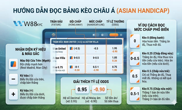Hướng dẫn cách đọc bảng tỷ lệ kèo Châu Á tại W88 KYC