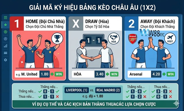 Hướng dẫn các ký hiệu 1X2 trên bảng kèo Châu Âu nhà cái W88