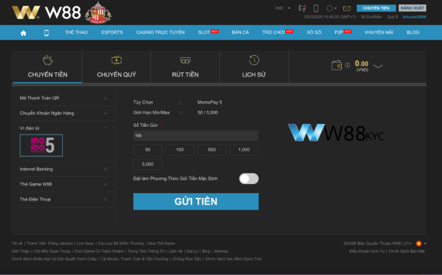 Nạp tiền W88 qua ví điện tử MoMo an toàn và bảo mật