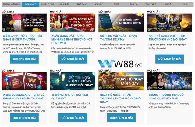 Danh mục các sản phẩm được áp dụng khuyến mãi hoàn trả và thưởng nạp tại W88